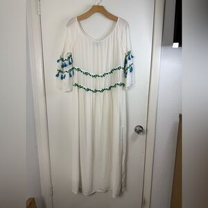 Taj by Sabrina Crippa white silk, blue floral embroidery, tassels,  maxi dress S